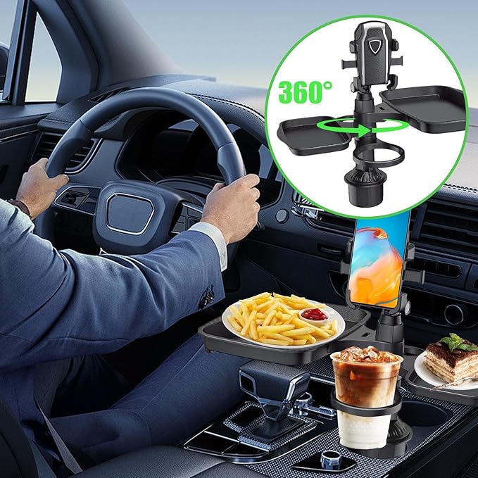 Car Cup Organizer 4-in-1, Extender with Swivel Snack Food Tray, Large Car Cup Holder Expander