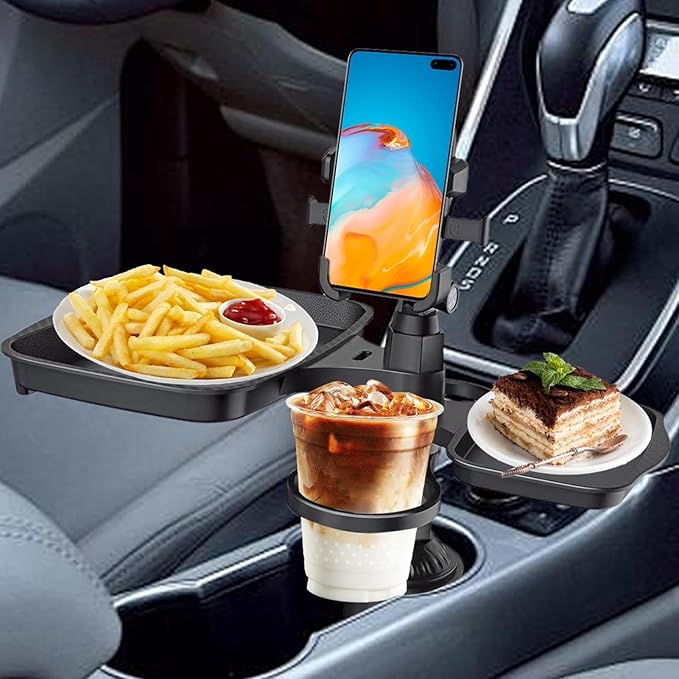 Car Cup Organizer 4-in-1, Extender with Swivel Snack Food Tray, Large Car Cup Holder Expander