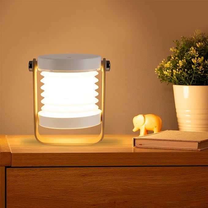 Foldable Rechargeable Touch Lamp USB Retractable LED Light,Wooden Handle Portable Lantern Light and Flashlight, Touch Control Dimmable 3 Level Brightness Night Light for Reading