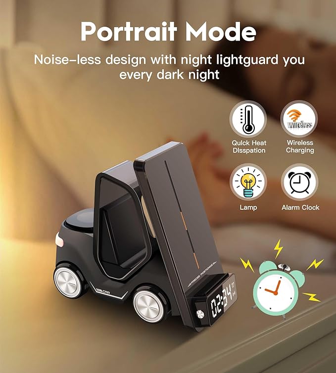 Forklift Wireless Charger Station 6 in 1 Wireless Charging Station with Night Light, Alarm Clock, 15W Fast Magnetic Charger, Compatible with Samsung Galaxy